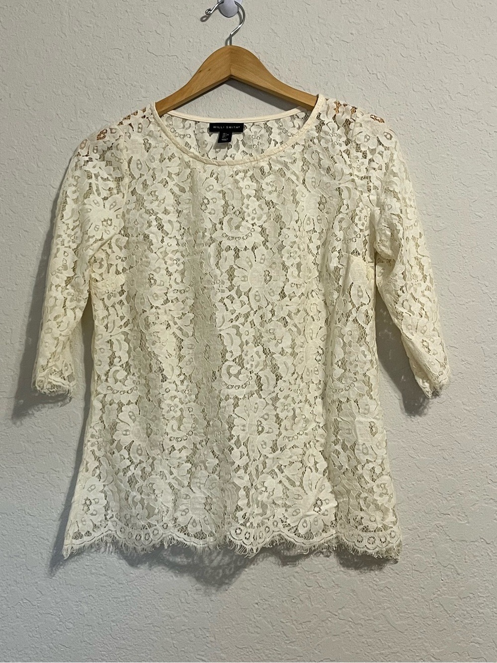 Willi Smith Ivory Floral Lace Top Eyelash Trim 3/4 Sleeve Romantic Boho L Sheer
